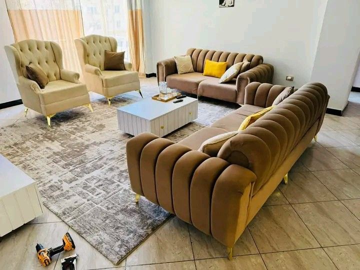 Chesterfield Channel Sofa Set with Queen Wing Chairs